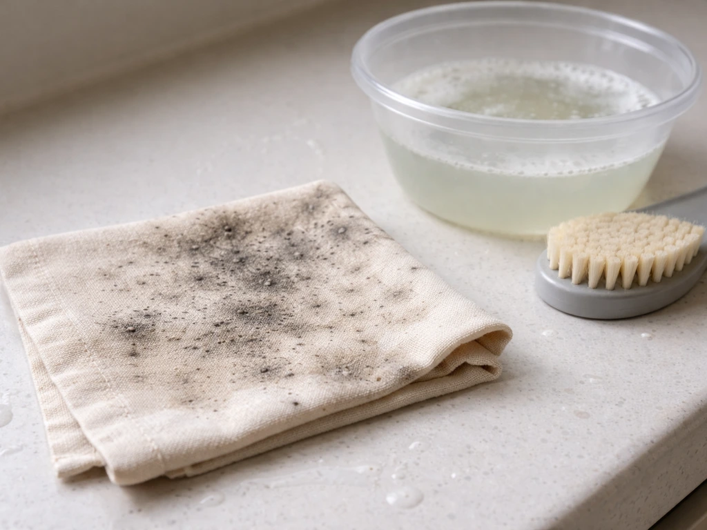 Closeup fabric with mildew spots beside a bleach-and-soap cleaning bowl and a soft brush