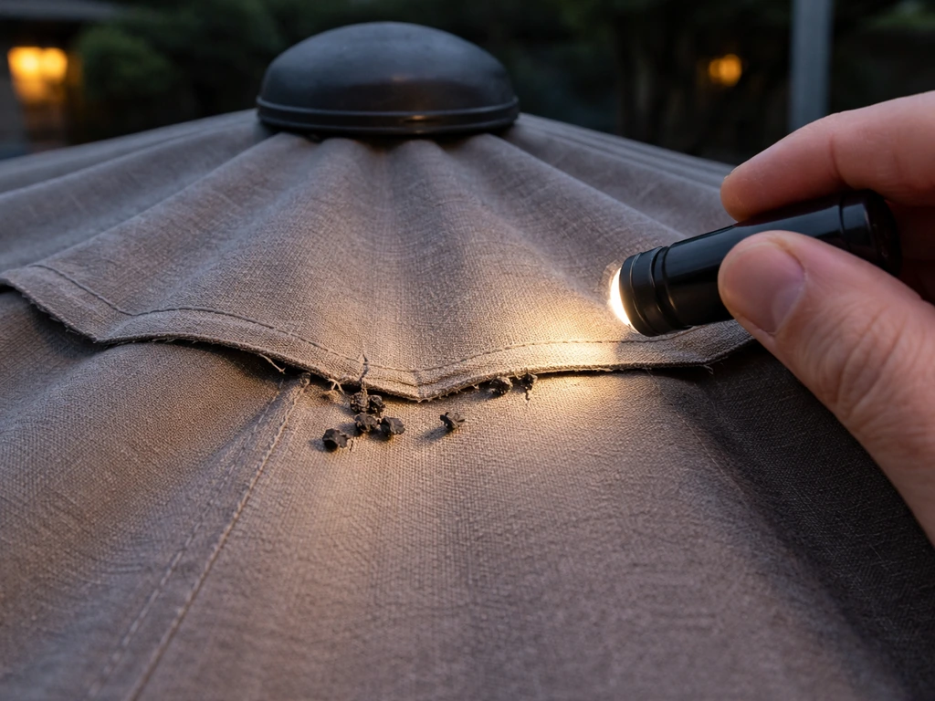 Close-up of a closed patio umbrella canopy with a flashlight highlighting small gaps and dark guano pellets.