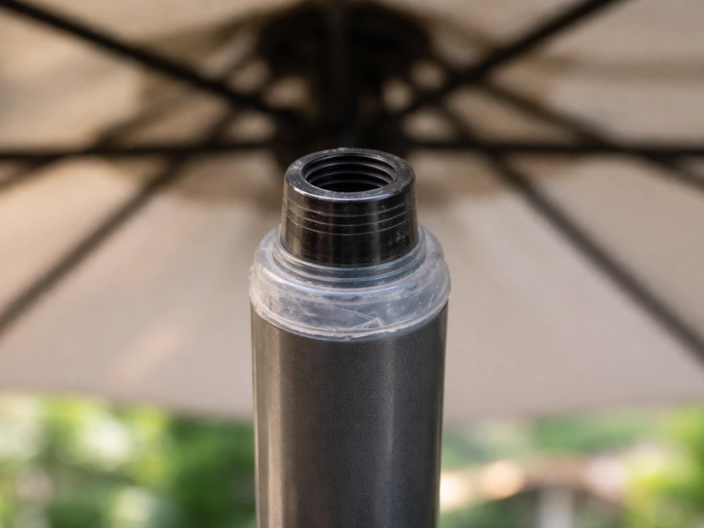 Close-up of an umbrella center pole cap and ferrule area being sealed against air leaks