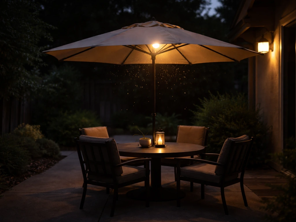 Outdoor patio with an umbrella and a porch light casting warm light over a calm yard at dusk