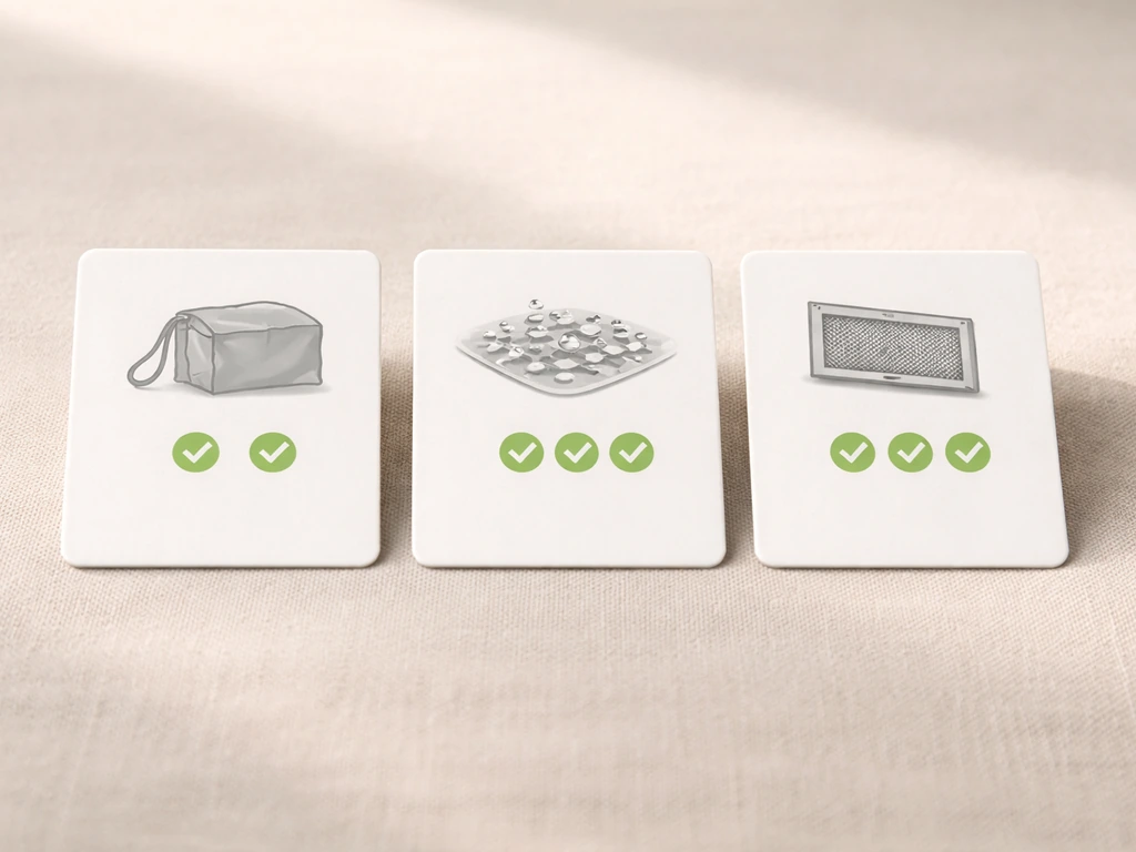 Simple row of labeled-style bat-proofing items with checkmarks, photographed like a clean table layout