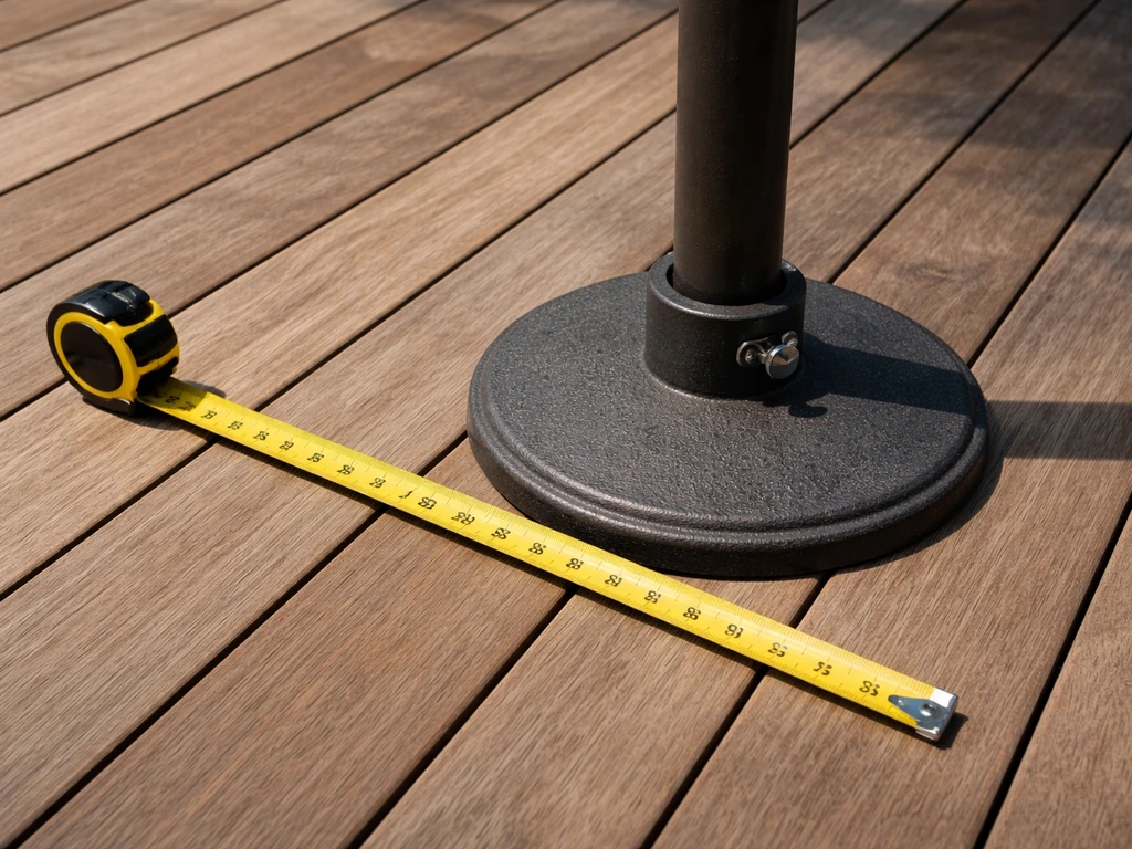 Tape measure laid on a deck near an umbrella pole base, comparing mounting points on wood planks.