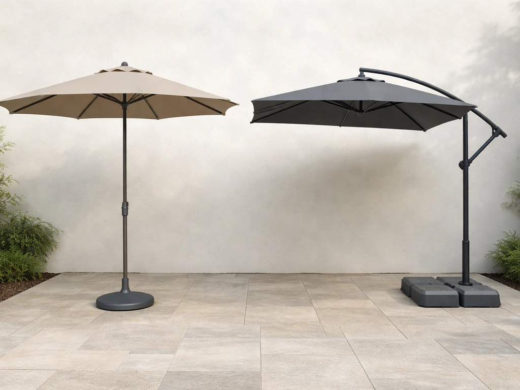 Side-by-side view of a center-pole umbrella and an offset cantilever umbrella on a patio.