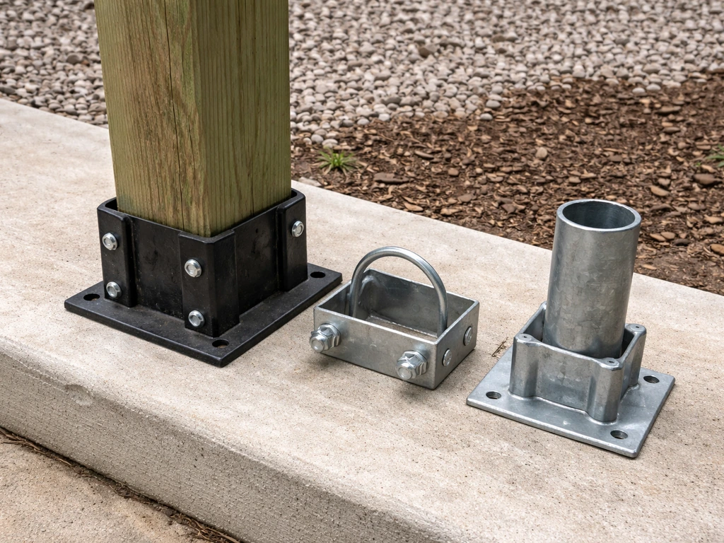 3 deck-post mounting hardware types laid beside a 4x4 post, showing brackets, U-bolts, and sleeves.