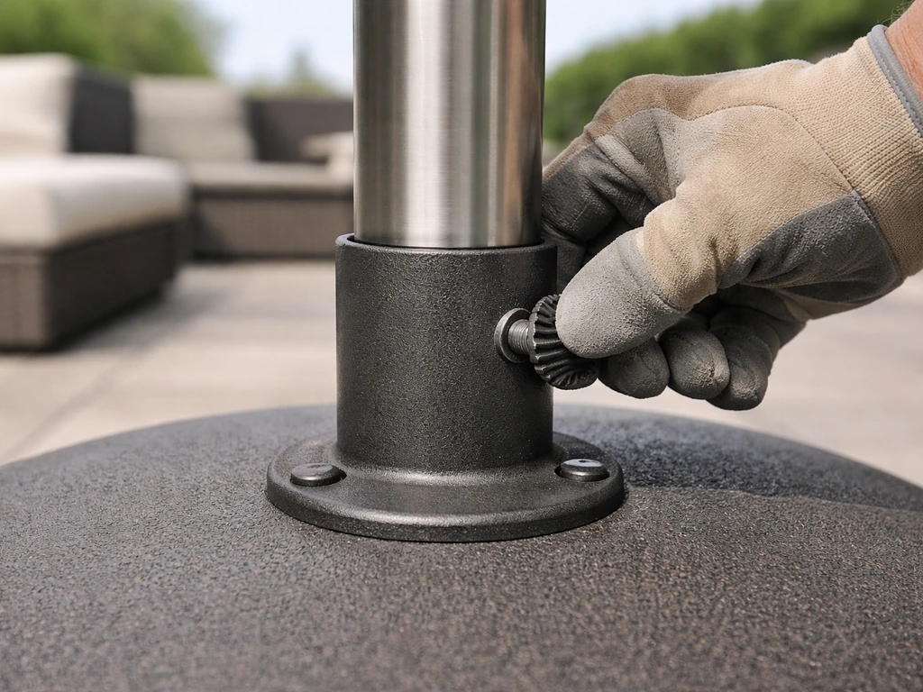 Gloved hand tightening a patio umbrella mount knob to stop wobble and keep the pole aligned.