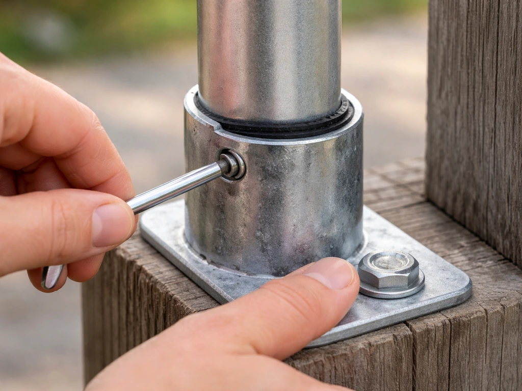Close-up of a mounting pole in a sleeve with a tightened set screw and shim fixing wobble