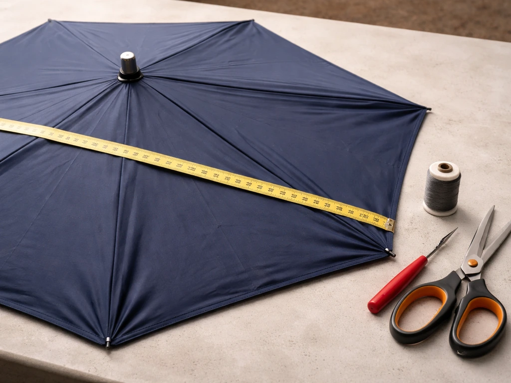Measuring tape stretched over an open umbrella canopy beside sewing tools and outdoor thread.