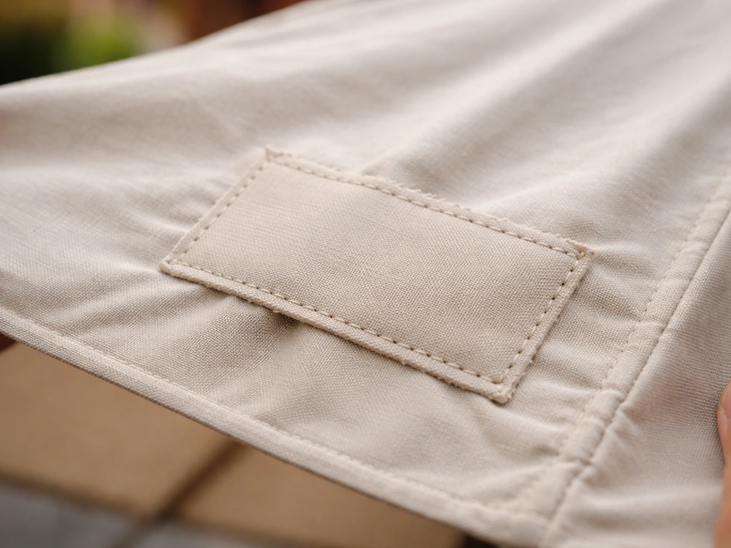 Close-up of an outdoor umbrella fabric tear with a patch laid over it and stitches being added.