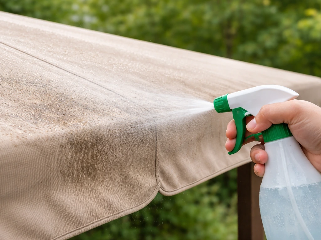 Nozzled sprayer mist cleaning a damp acrylic canopy fabric with faint mildew spots visible.