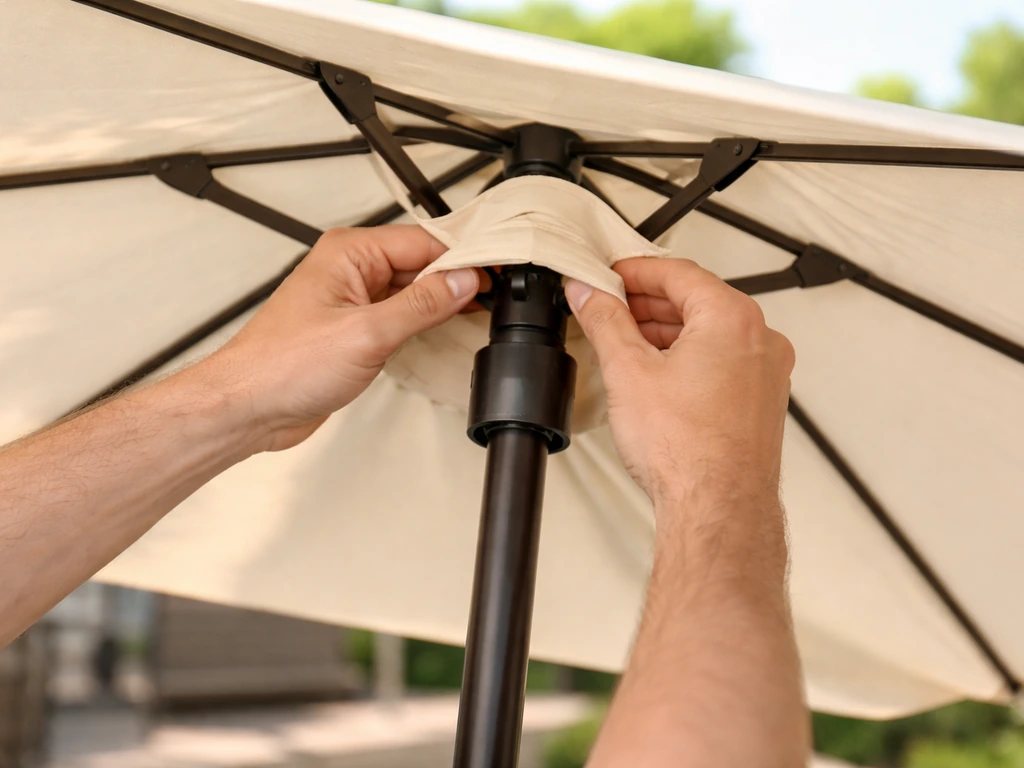 Hands threading a replacement umbrella canopy onto the pole, centered with ribs aligned.