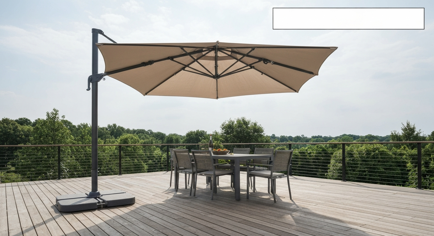 Wide photo of an open cantilever patio umbrella with side pole and heavy base shading a patio table.