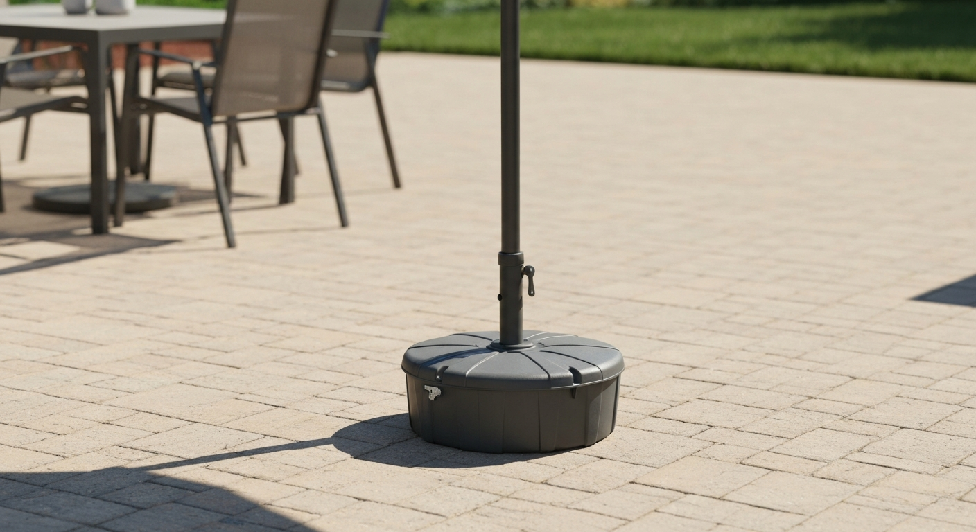 9-foot patio umbrella installed in a dark-gray fillable base on a paved patio.