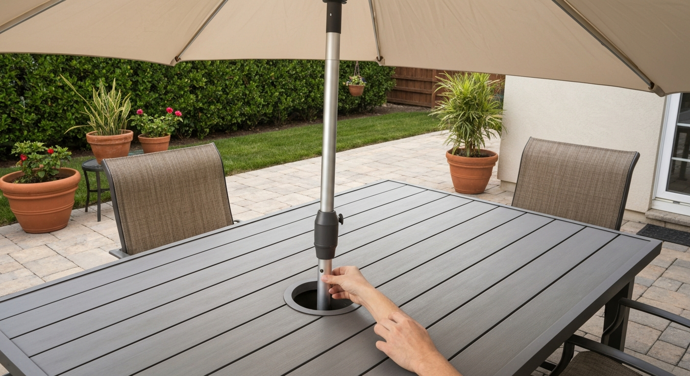 Patio dining table with a centered umbrella properly seated through the table hole and collar tightened, in a sunny backyard.