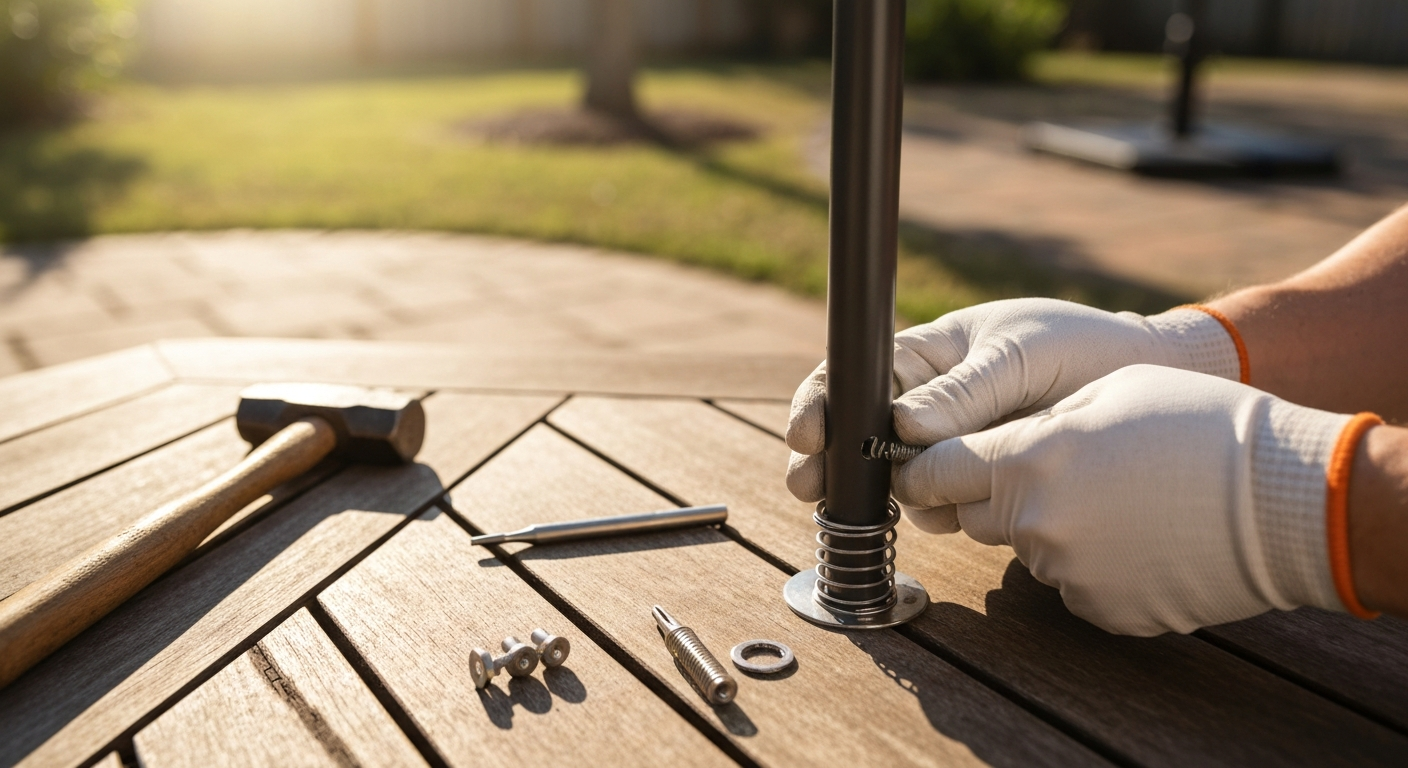 Close-up of hands inspecting the sliding collar and spring-loaded push-pin on a patio umbrella pole, with tools and replacement pin on a table in soft daylight.
