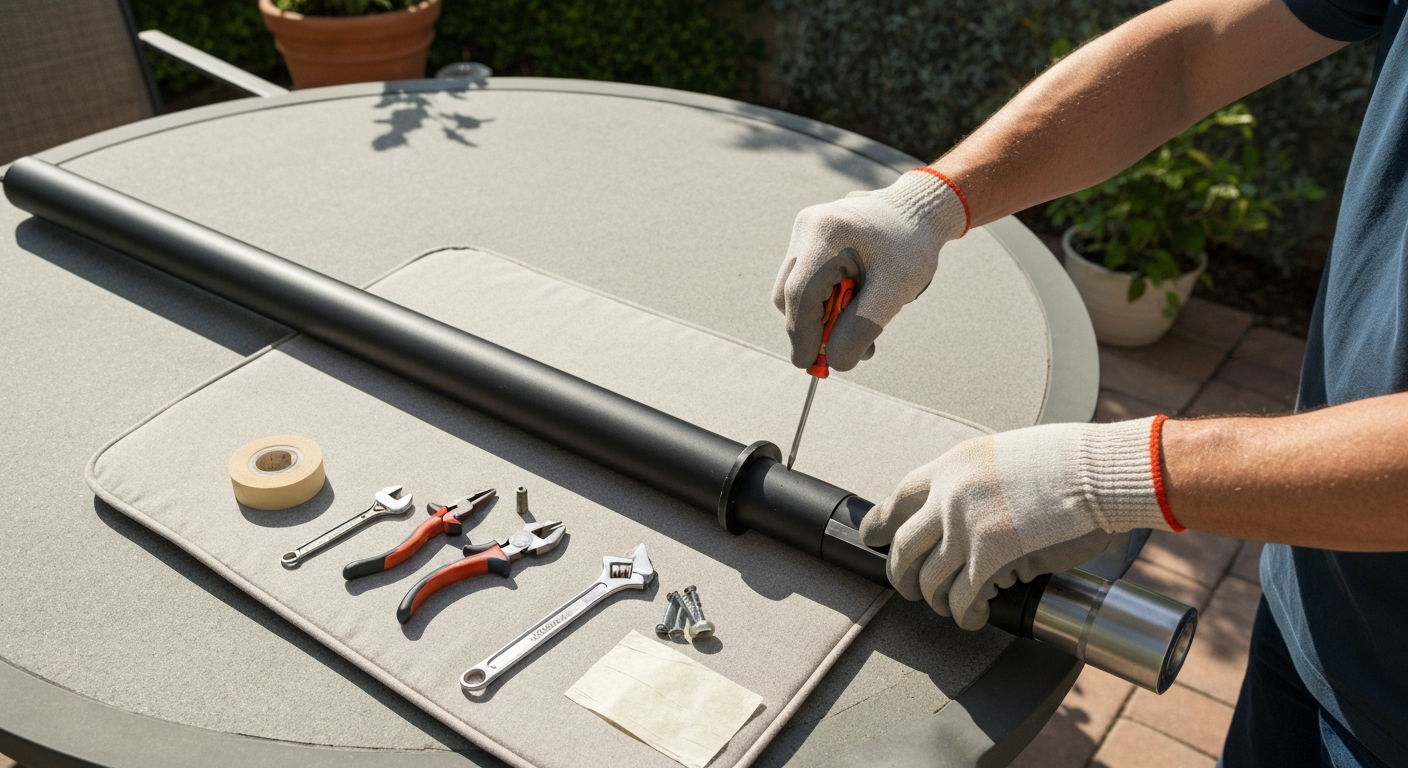 Hands opening a patio umbrella crank housing with tools and replacement parts laid out on a patio.