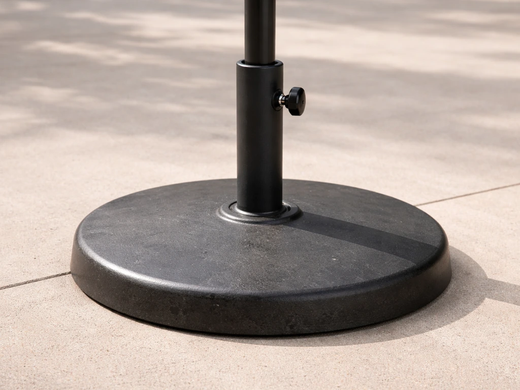 Close-up of a freestanding weighted umbrella base with the pole seated in the center connector