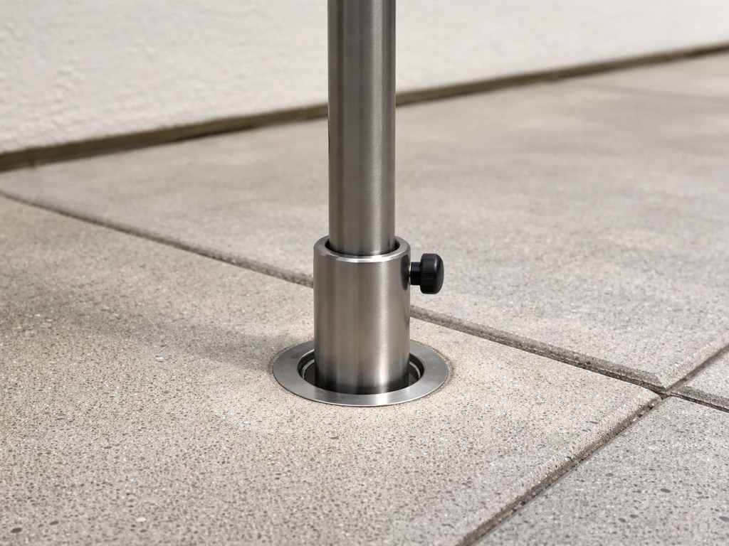 Umbrella pole inserted into an exterior ground sleeve anchored in a concrete patio pad.