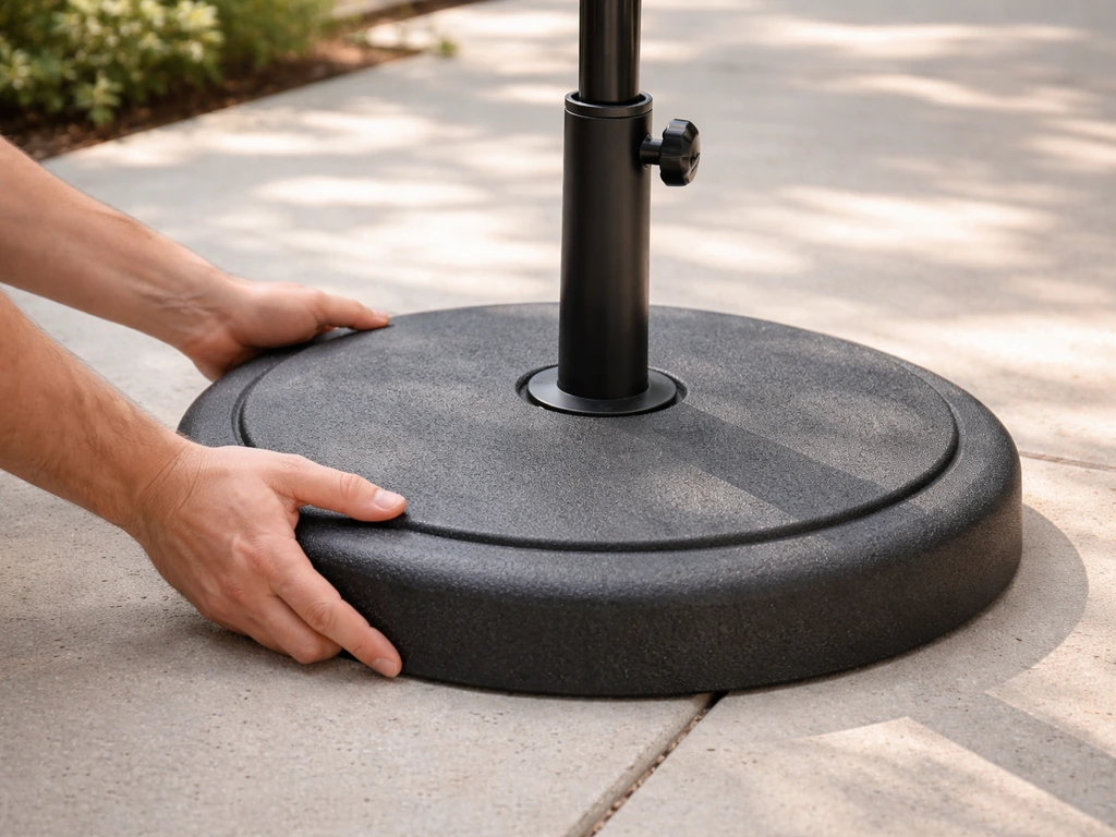 Close-up of hands placing an umbrella base at the patio spot and fitting the pole into the sleeve