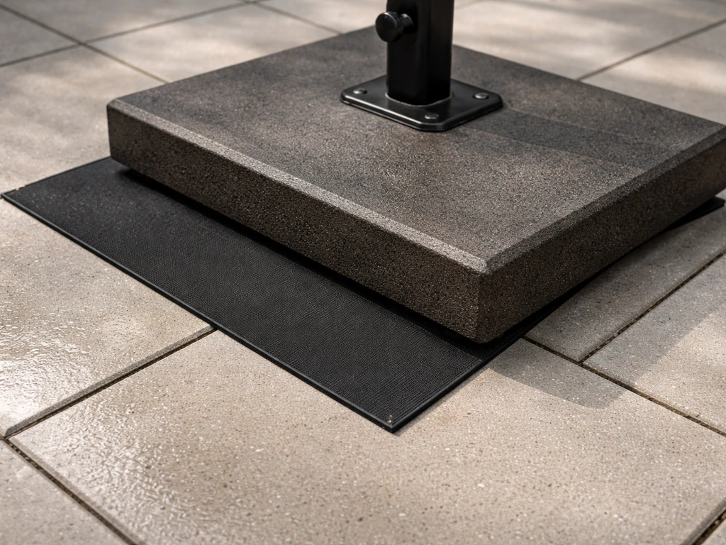 Outdoor base on smooth pavers with a visible rubber non-slip mat to prevent wind slippage.