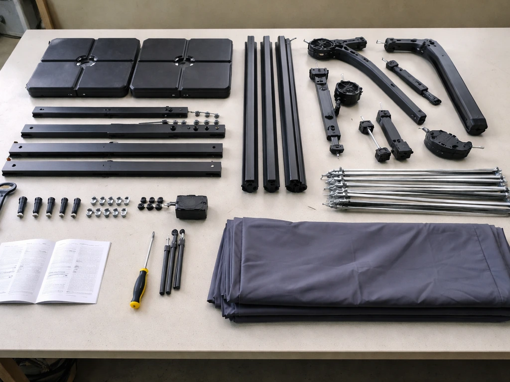 Cantilever umbrella kit parts grouped on a workbench beside an open manual for cross-checking.
