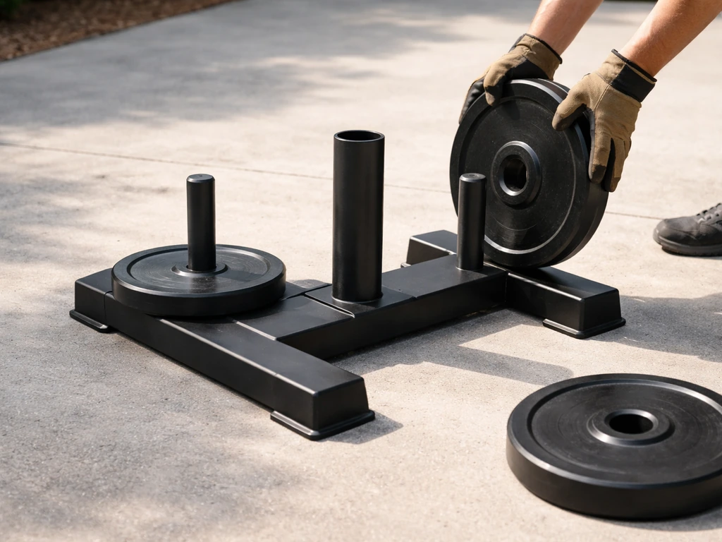 Gloved hands loading weight plates into a gym base stand on concrete with the center sleeve visible.
