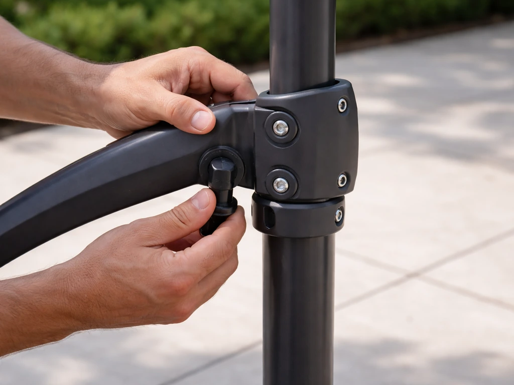 Hands connect an upper cantilever arm to a lower pole hinge joint with visible bolts.