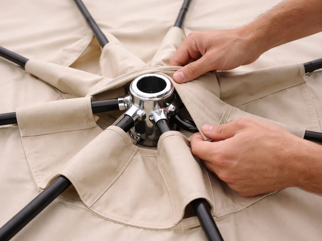 Close-up of canopy fabric spread over a patio umbrella hub with ribs threaded through matching sleeves