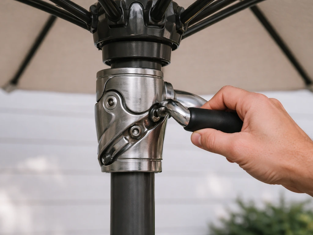 Close-up of an umbrella crank handle turning while the canopy stays still, showing a misaligned mechanism