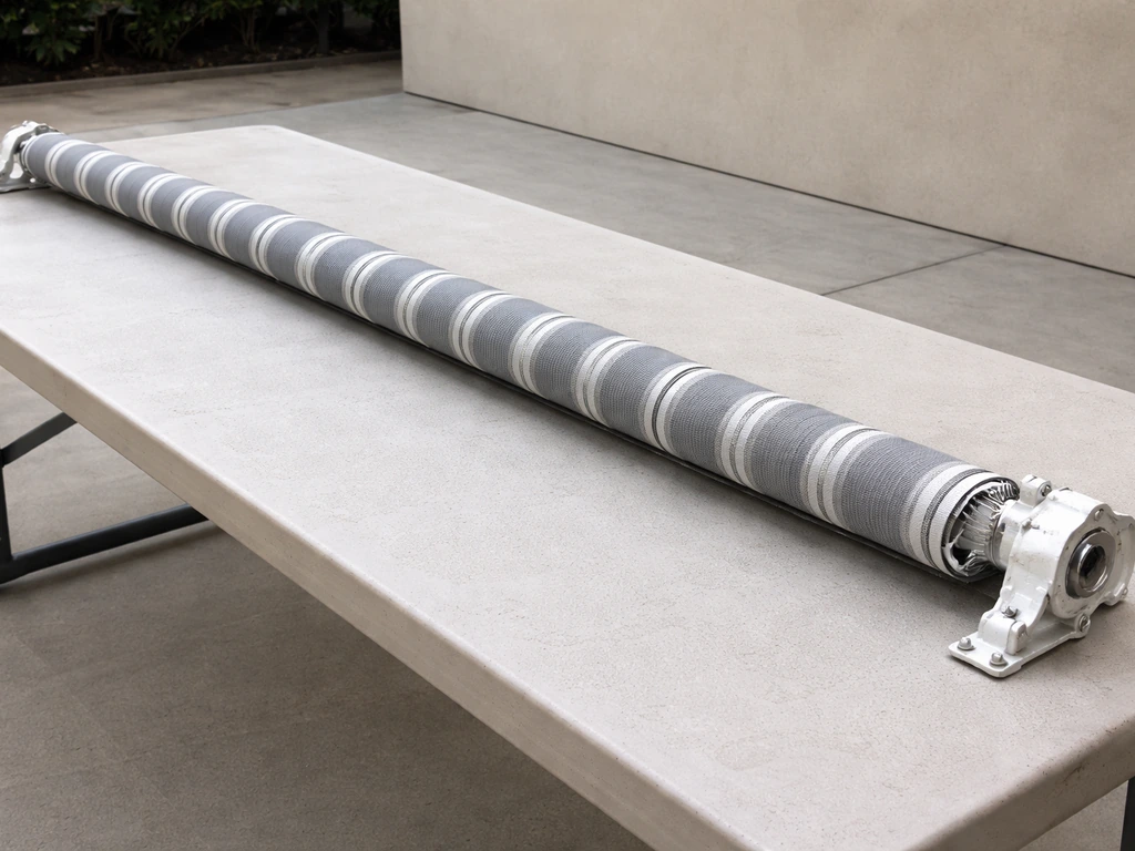 Close-up of a 12 ft manual retractable awning’s roller tube with fabric wrapped and end supports visible.