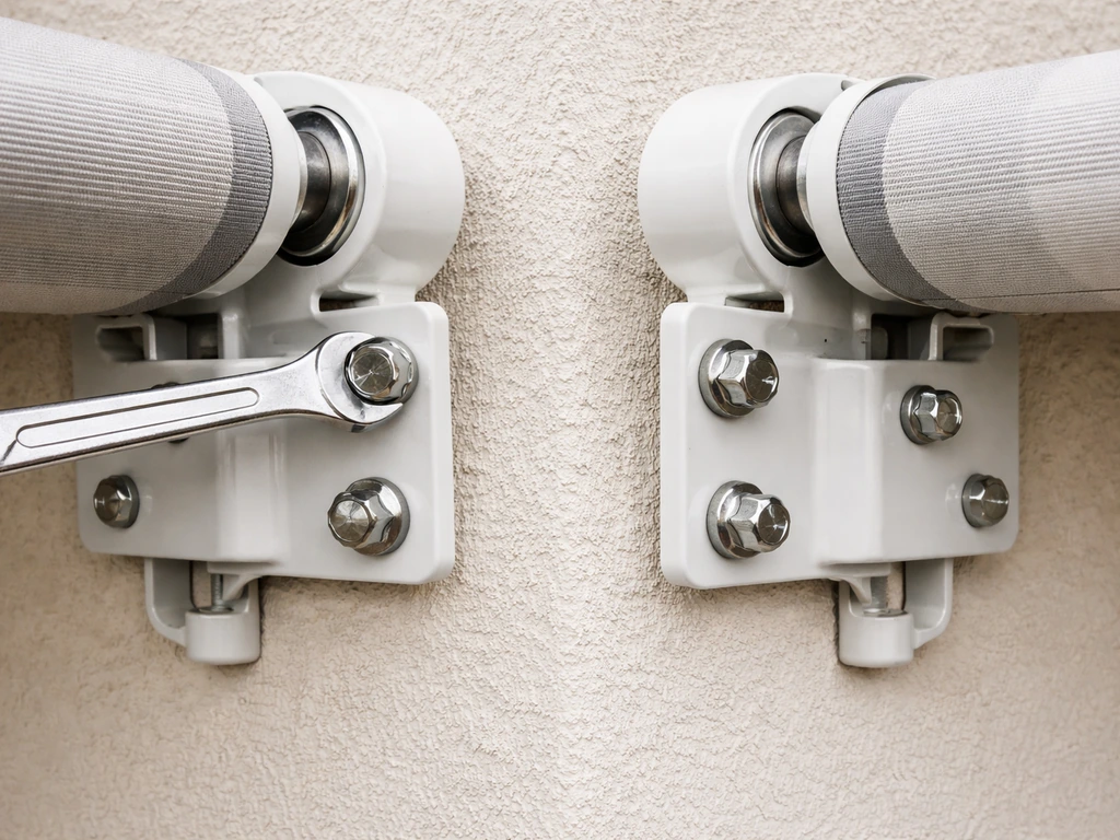 Close view of awning wall brackets with locking nuts and a wrench showing pitch-angle adjustment on both sides.