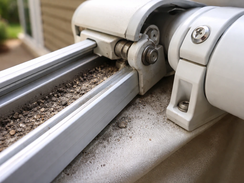 Close-up of a retractable awning arm track with grit and debris clogging the channel.