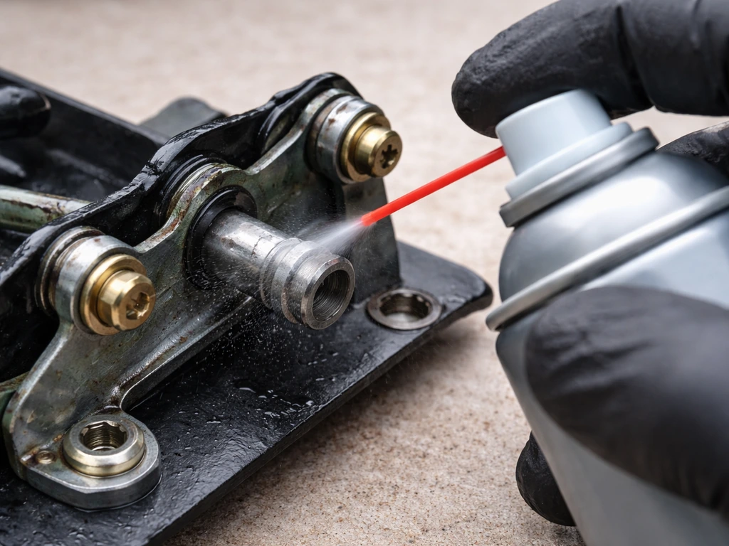 Close-up of a DIY silicone/PTFE lubrication on a small gear mechanism pivot with spray can nearby